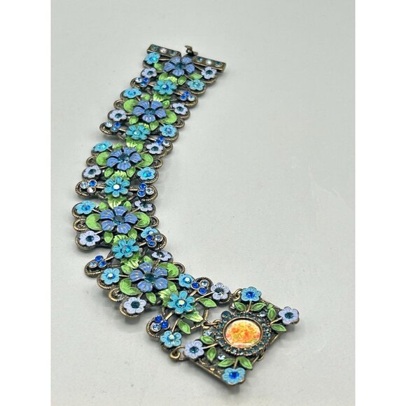 Wide Blue Enamel Flowers Bracelet Unsigned MX Michael Morrison Designer Jewelry - Picture 4 of 6